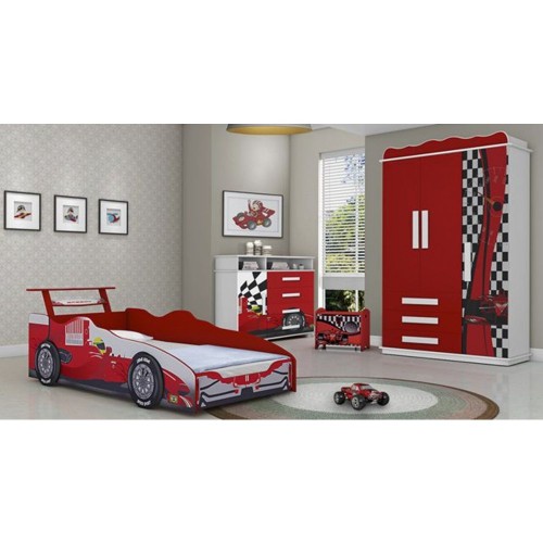 Dormitório Juvenil Carro Vermelho Com Guarda-roupa / Cama / Comoda Valen Móveis
